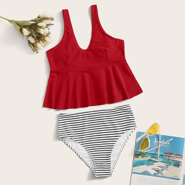 

Ruffle Hem Top With Striped Tankini