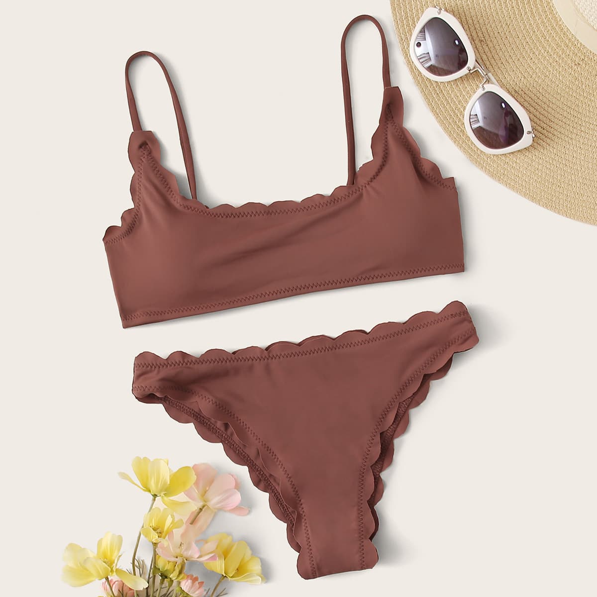 

Scallop Trim Top With Cheeky Bikini Set, Brown