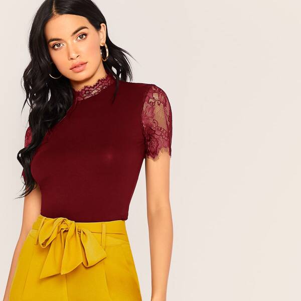 

Mock Neck Eyelash Lace Fitted Top
