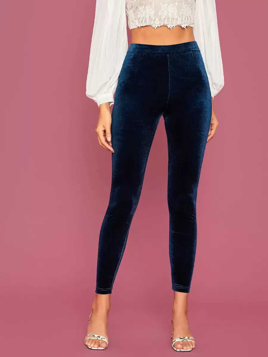 SHEIN BAE Elastic Waist Velvet Leggings - Navy Blue - View 1