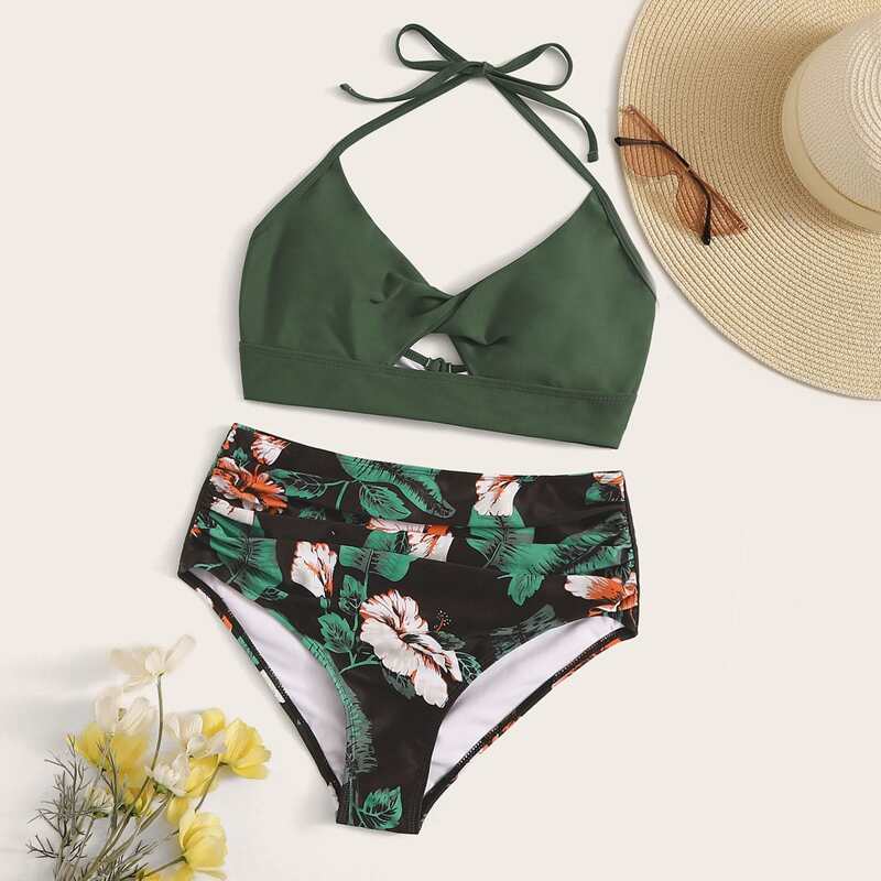 

Floral & Tropical Lace-up Back Halter Bikini Swimsuit, Multicolor