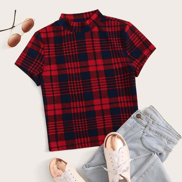 

Mock-Neck Tartan Print Top, Multicolor