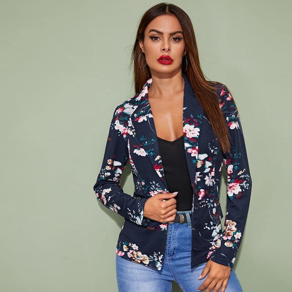 

Floral Print Single Button Blazer, Navy