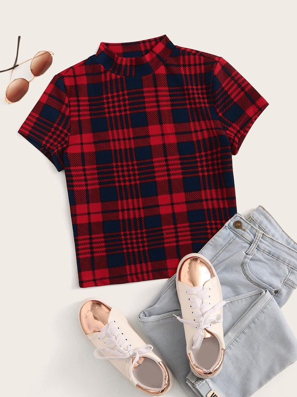 

Mock-Neck Tartan Print Top, Multicolor