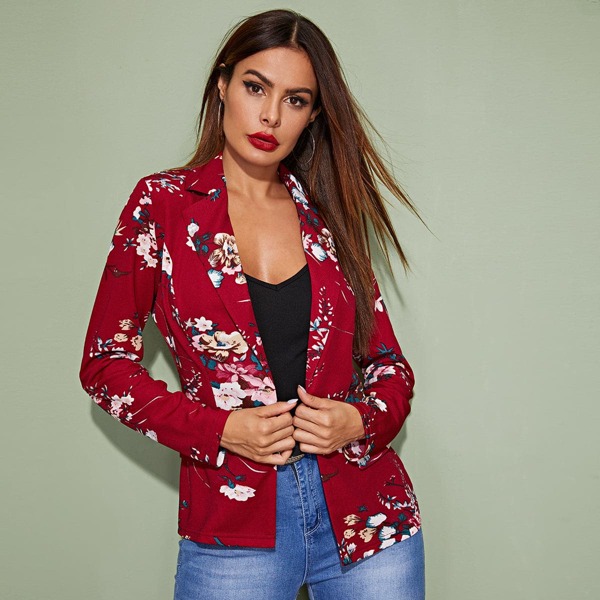 

Floral Print Single Button Blazer, Red