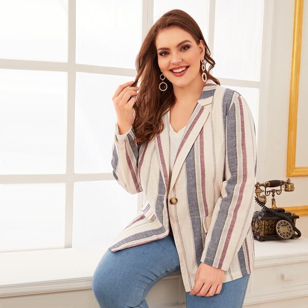 

Plus Notched Collar Striped Blazer, Multicolor