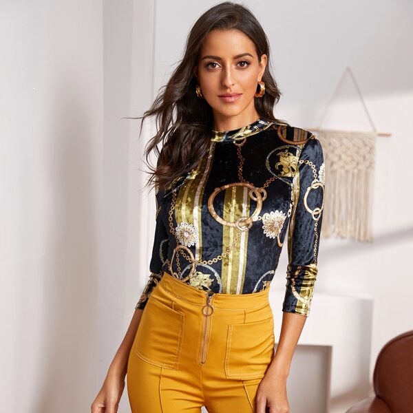 

Mock Neck Chain Print Velvet Top, Multicolor