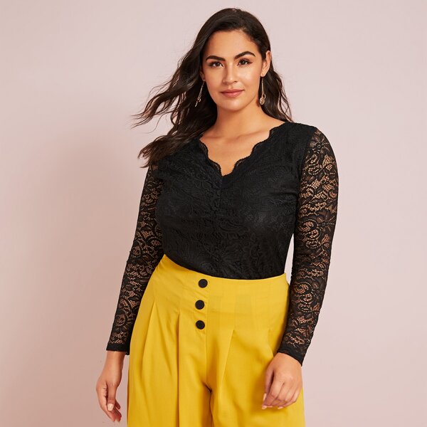 

Plus Semi Sheer Back Lace Top, Black