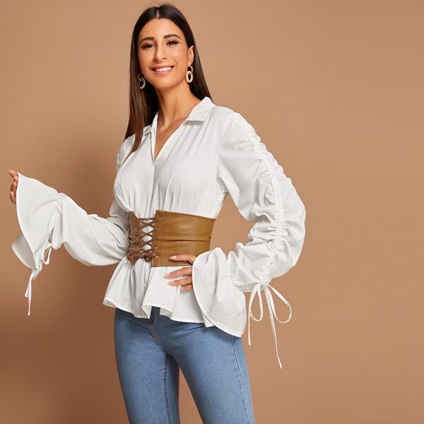 

Drawstring Ruched Sleeve Contrast Corset Blouse, White