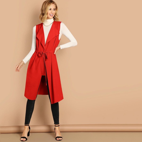 

Waterfall Collar Self Belted Vest Coat, Red bright