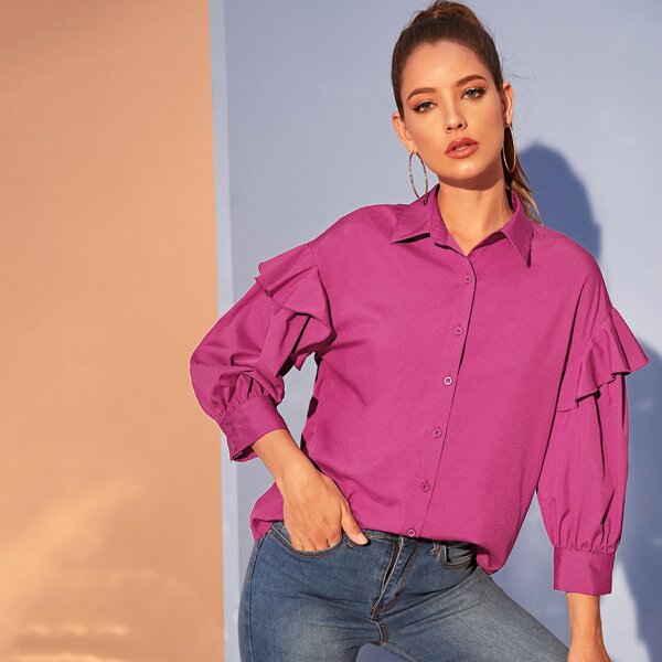 

Ruffle Trim Balloon Sleeve Shirt, Pink bright