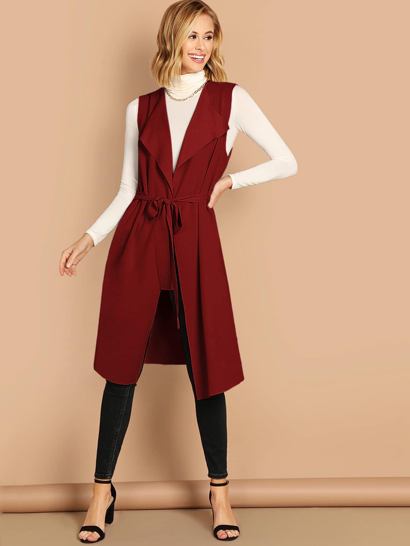 SheIn Women/'s Draped Open Front Sleeveless Cardigan Longline Belted Outerwear Duster Vest