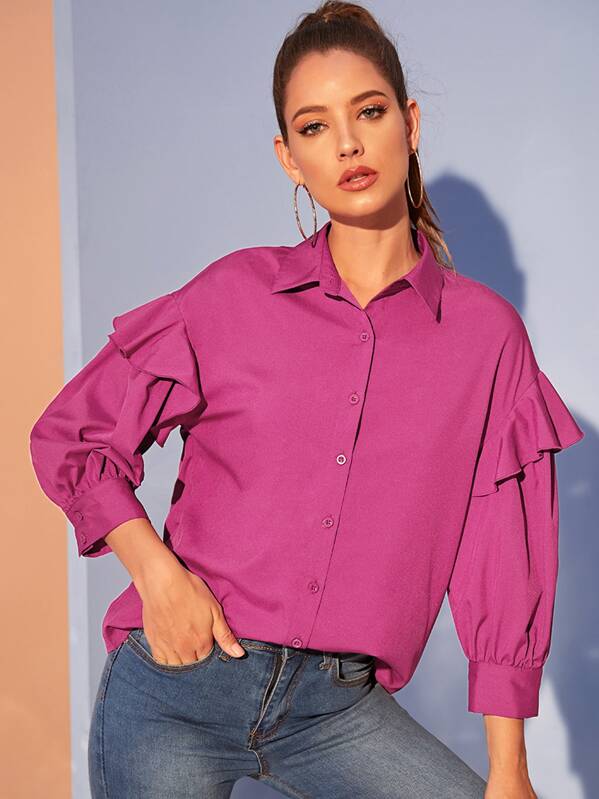 

Ruffle Trim Balloon Sleeve Shirt, Pink, Debi Cruz