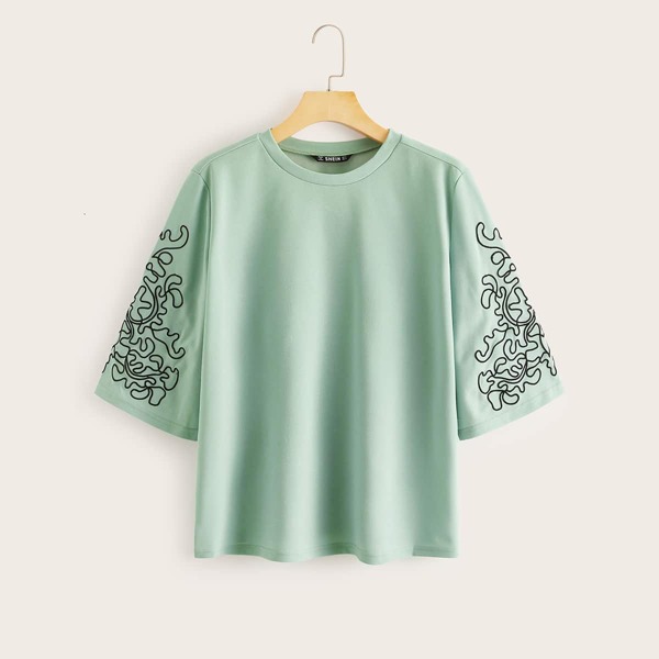 

Embroidered Wide Sleeve T-shirt, Green pastel