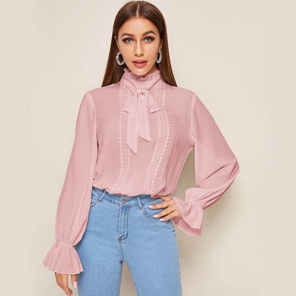 

Tie Neck Bell Sleeve Lace Panel Blouse, Pink pastel