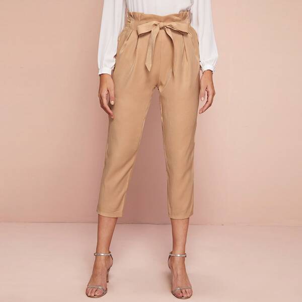 

Zipper Fly Paperbag Waist Capris Pants, Khaki
