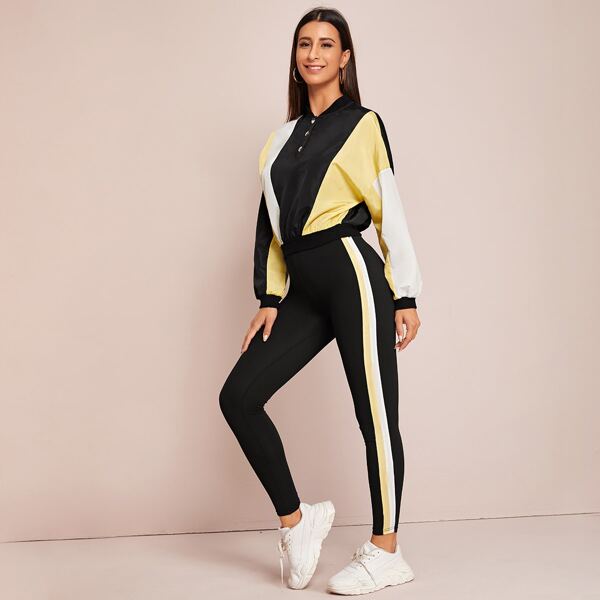 

Colorblock Windbreaker Jacket & Striped Side Leggings Set, Black