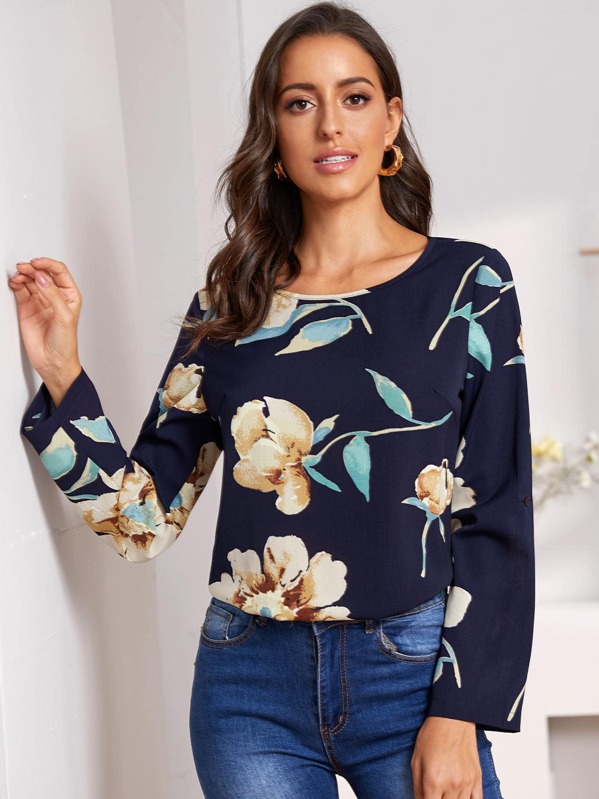 

Round Neck Floral Print Blouse, Navy, Mary P.