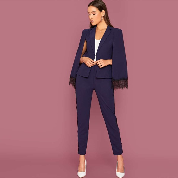 

Eyelash Lace Trim Cape Blazer & Pants Set, Navy