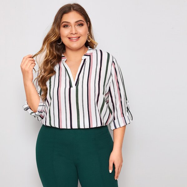 

Plus V-placket Roll Tab Sleeve Striped Blouse, Multicolor