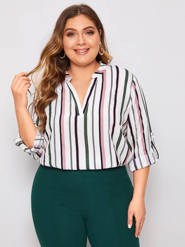 

Plus V-placket Roll Tab Sleeve Striped Blouse, Multicolor, Carol