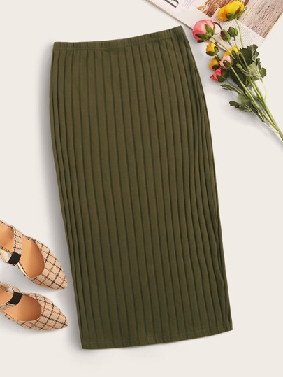 Falda lápiz unicolor tejida de canalé