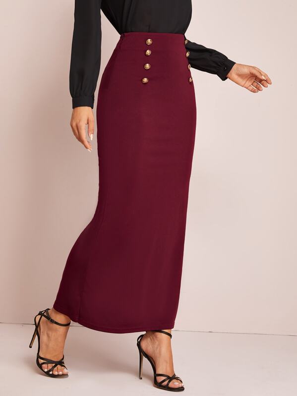 

Solid Buttoned Front Maxi Pencil Skirt, Burgundy, Gabe