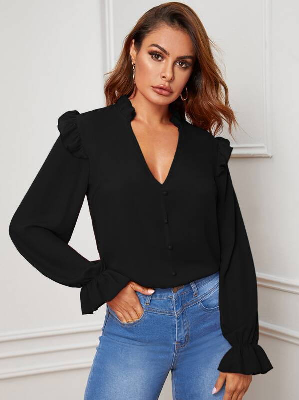

Ruffle Trim Buttoned Front Blouse, Black, Andy