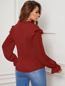 SHEIN Camisa ribete fruncido de manga campanuda - Burdeos - Ver 2