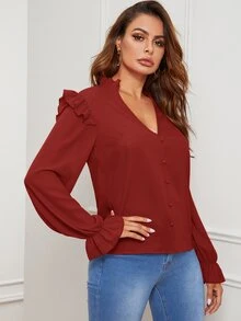 SHEIN Camisa ribete fruncido de manga campanuda - Burdeos - Ver 3