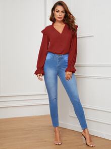 SHEIN Camisa ribete fruncido de manga campanuda - Burdeos - Ver 4