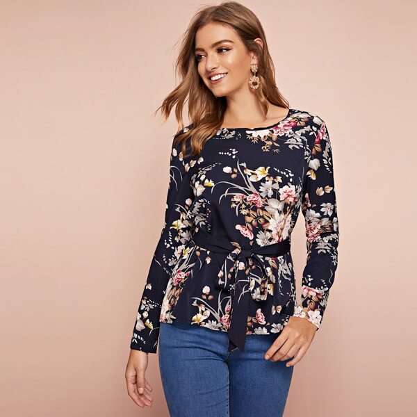 

Floral Print Belted Top, Navy