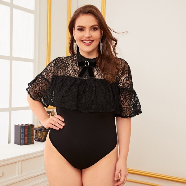 

Plus Bow Detail Flounce Lace Yoke Bodysuit, Black
