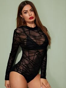 SHEIN BAE Sheer Geo Flocked Mesh Bodysuit Without Bra