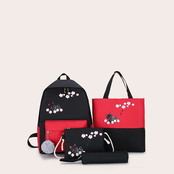 

4pcs Floral Graphic Backpack With Pencil Case