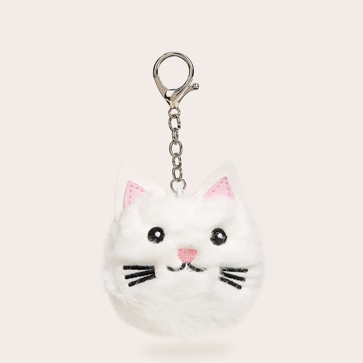 

Embroidered Detail Cat Design Bag Charm, White