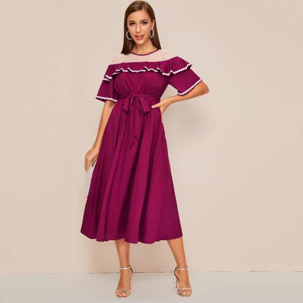 

Contrast Mesh Shoulder Ruffle Trim Belted Dress, Burgundy