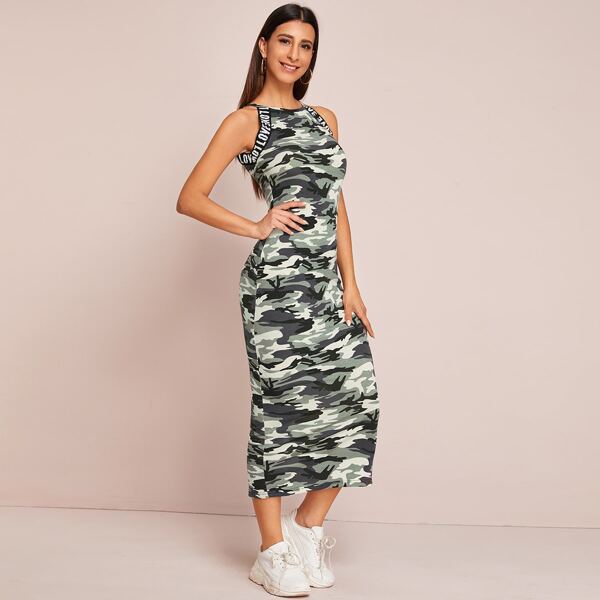 

Letter Tape Split Back Camo Halter Dress, Multicolor
