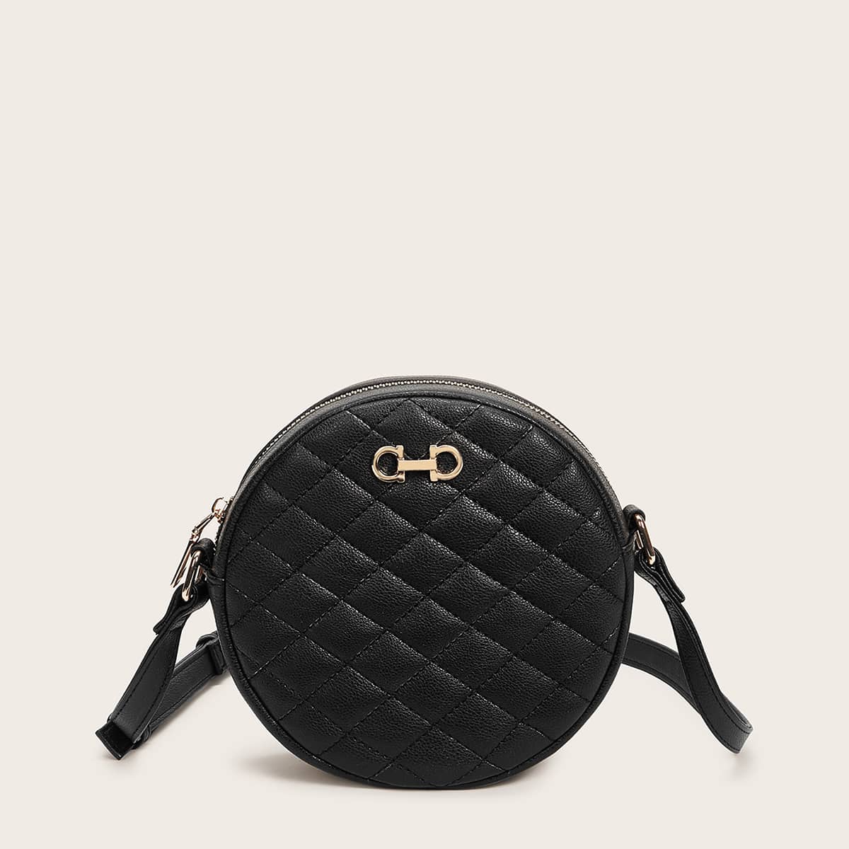 

Round Shaped Quilted Crossbody Bag, Black