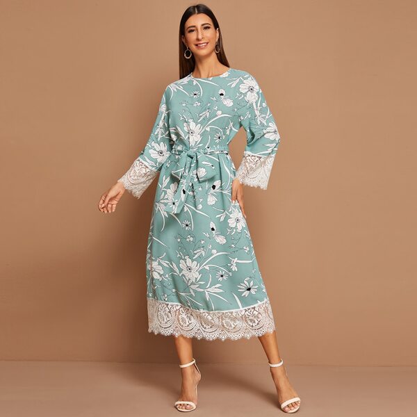 

Contrast Lace Trim Floral Print Belted Dress, Green