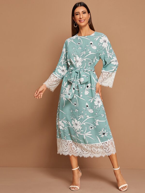 

Contrast Lace Trim Floral Print Belted Dress, Green, Gabe
