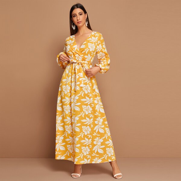 

Surplice Neck Self Belted Floral Print Dress, Mustard yellow