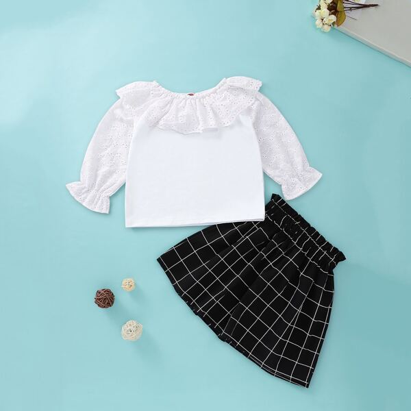 

Toddler Girls Contrast Schiffy Blouse With Plaid Skirt, Black and white