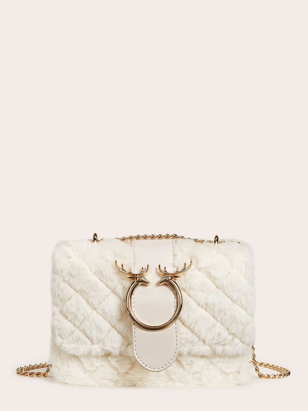 

Metal Decor Fluffy Chain Bag, White