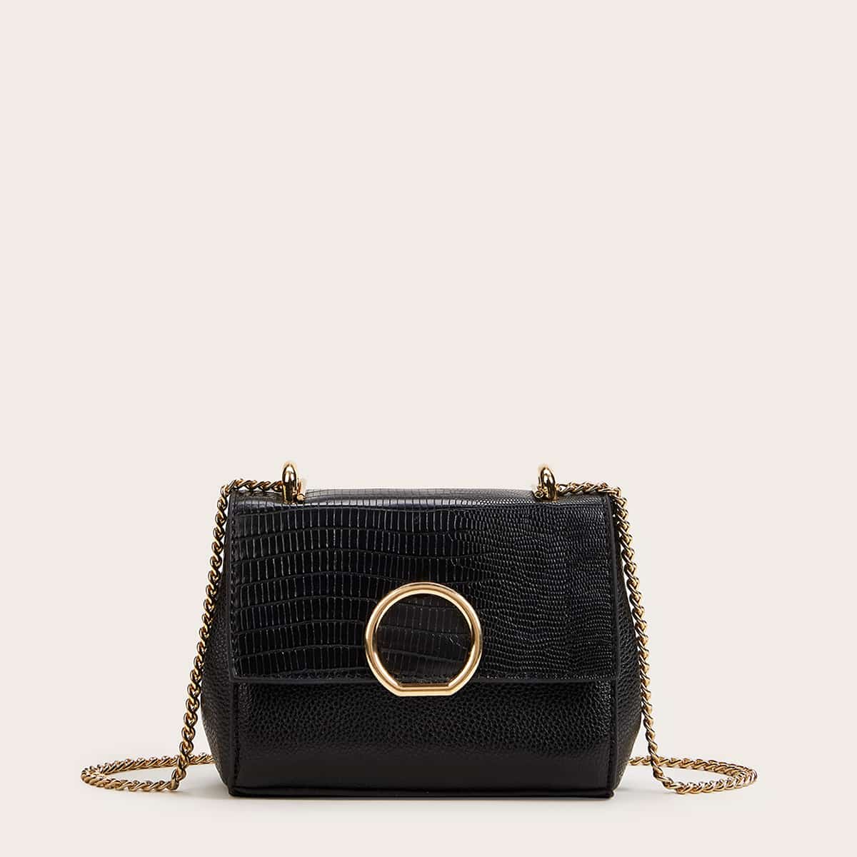 

Lizard Embossed Chain Crossbody Bag, Black