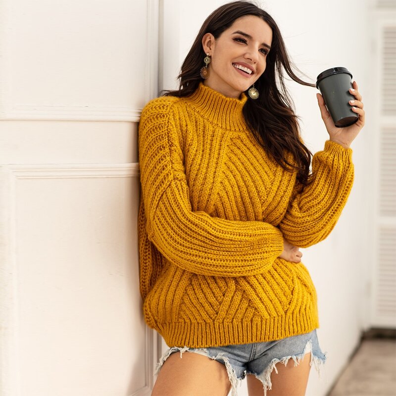 

High Neck Solid Chunky Knit Sweater, Yellow