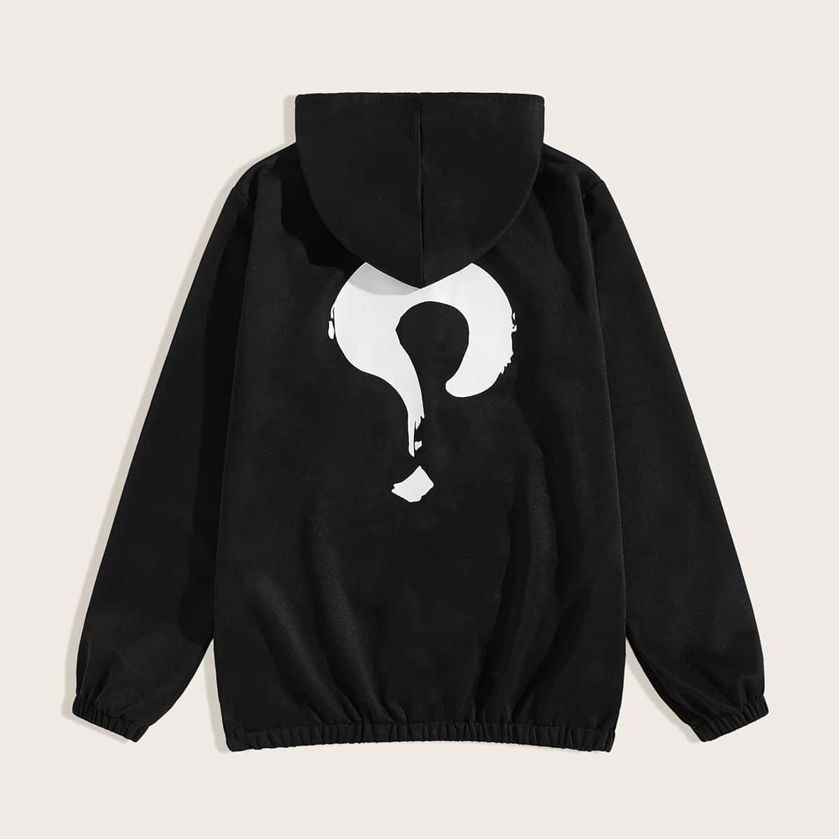 

Guys Graphic Print Drawstring Hooded Jacket, Black