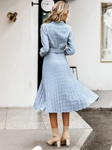 Simplee Plaid Double Button Pleated Hem Buckle Belted Dress