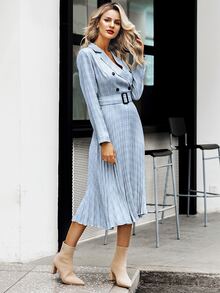 Simplee Plaid Double Button Pleated Hem Buckle Belted Dress