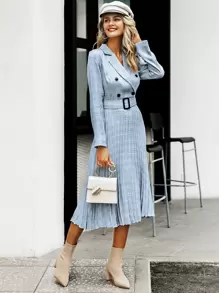 Simplee Plaid Double Button Pleated Hem Buckle Belted Dress